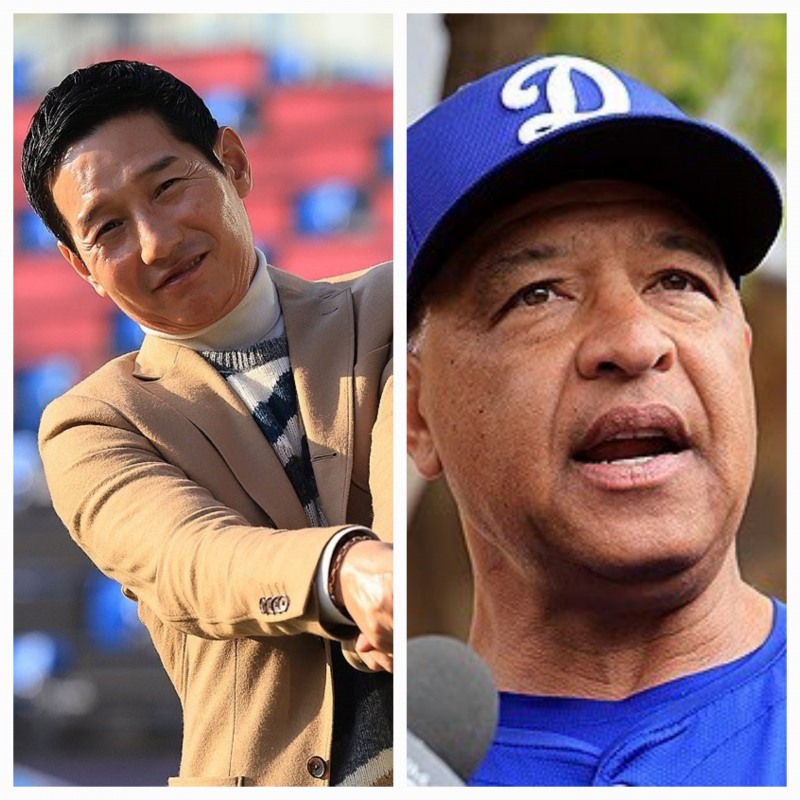 염경엽(연쪽)과 데이브 로버츠