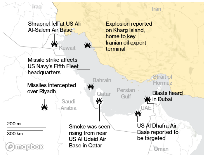 이란이 중동 미국기지에 대한 미사일 공격을 다각적으로 펼치면서 호르무츠해협이 봉쇄될 위험에 처해있다. 사진=블룸버그통신