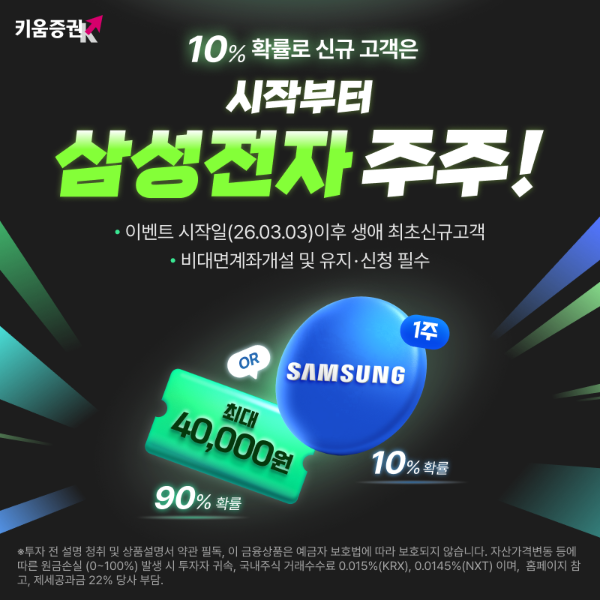 키움증권, 신규고객 10% 확률로 삼성전자 1주 당첨 이벤트