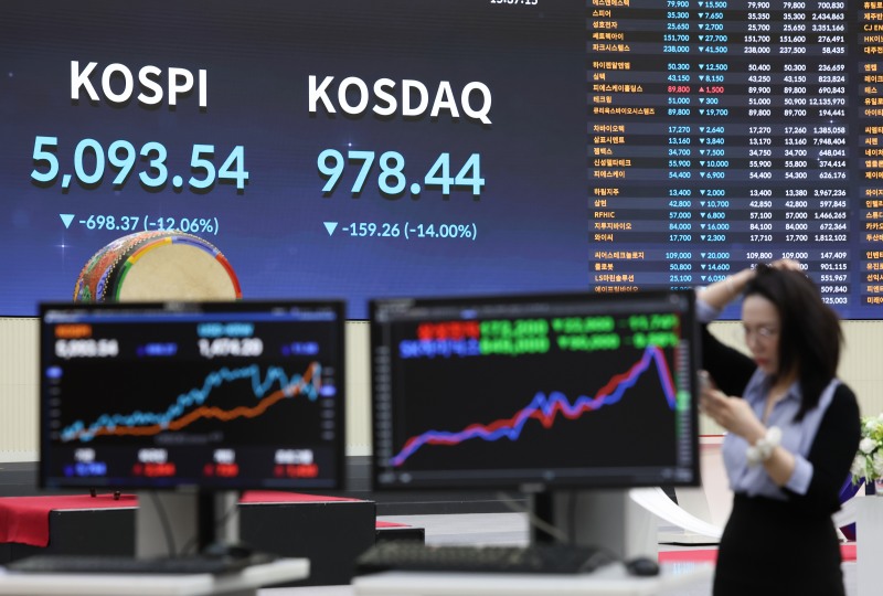미국과 이스라엘의 이란 공습 여파로 국내 증시가 급락한 4일 오후 서울 여의도 한국거래소 홍보관 전광판에 코스피와 코스닥 지수가 표시되고 있다./뉴시스
