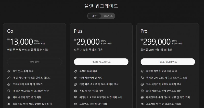 챗GPT 개인 이용자용 요금제(출처=챗GPT 홈페이지).