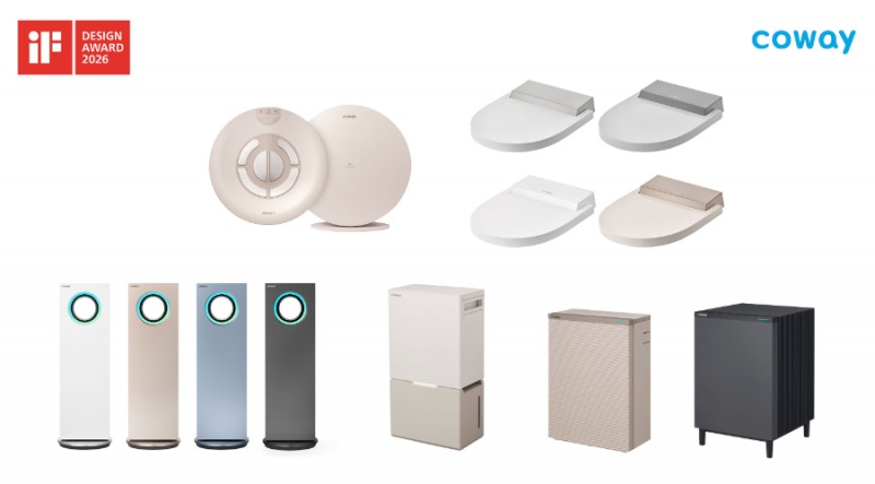 코웨이 ‘2026 iF 디자인 어워드’ 주요 수상작. (왼쪽 위부터 시계방향으로) 테라솔 U, 룰루 슬리믹 비데, 스퀘어핏 공기청정기 82㎡·38㎡, 인버터 제습기 23L, 히티브 온풍 공기청정기.