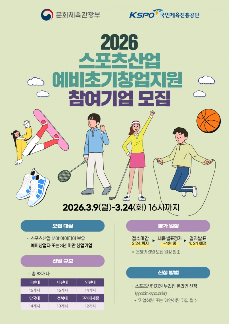 2026 스포츠산업 창업·액셀러레이팅 지원 사업 참여기업 모집