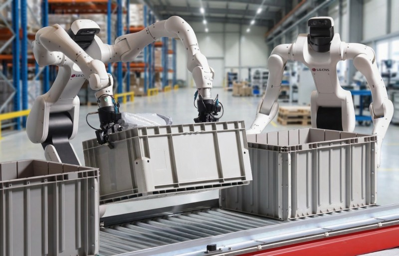 LG CNS가 덱스메이트 휴머노이드 로봇을 산업현장에 투입하기 위해 트레이닝 시키는 모습을 AI로 생성한 가상 이미지./LG CNS