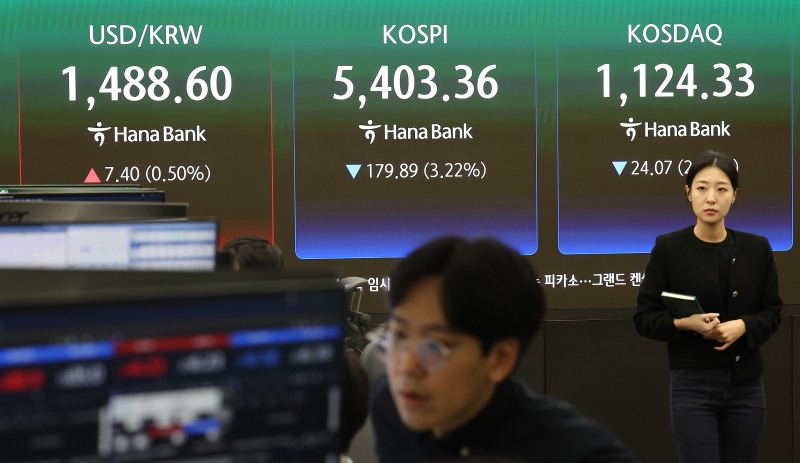 코스피가 하락 출발한 13일 오전 서울 중구 하나은행 딜링룸에 코스피와 코스닥, 원·달러 환율이 표시되고 있다. 코스피는 전장보다 188.46포인트(3.38%) 내린 5394.79로 출발했다./연합뉴스