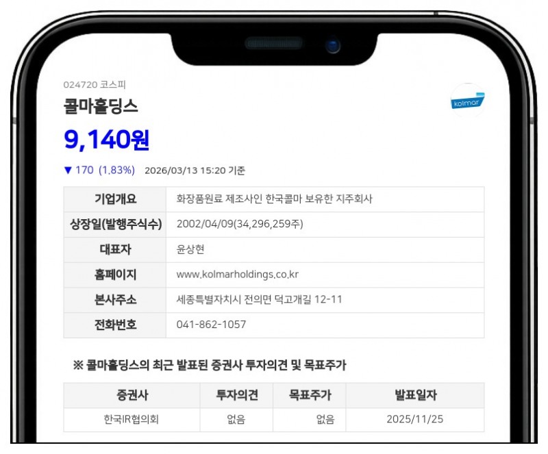 콜마홀딩스 최대주주 지분 0.01%p 변동, 변성배 임원 보유주식 1,160주 감소