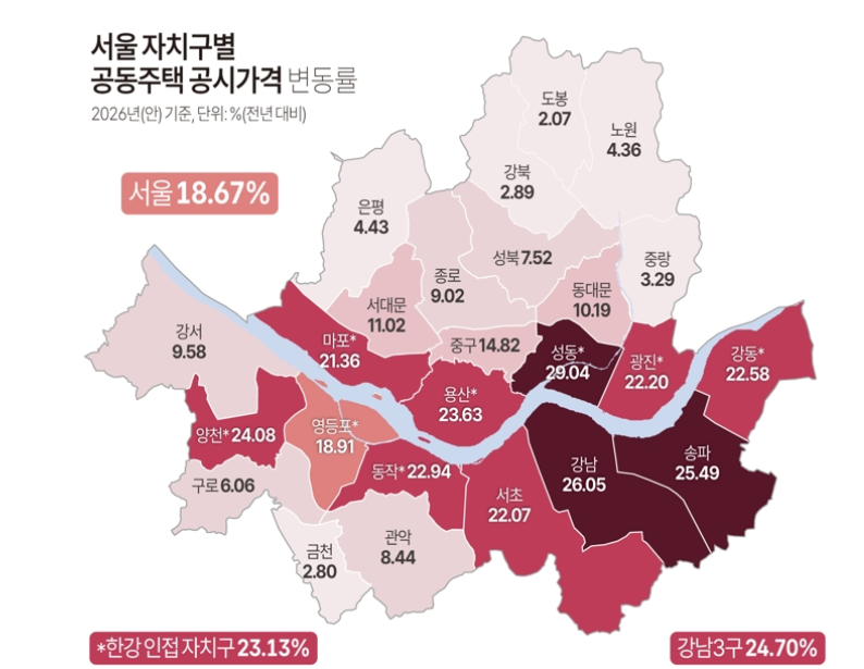 서울 자치구별 공동주택 공시가격. 자료=국토교통부, 연합뉴스