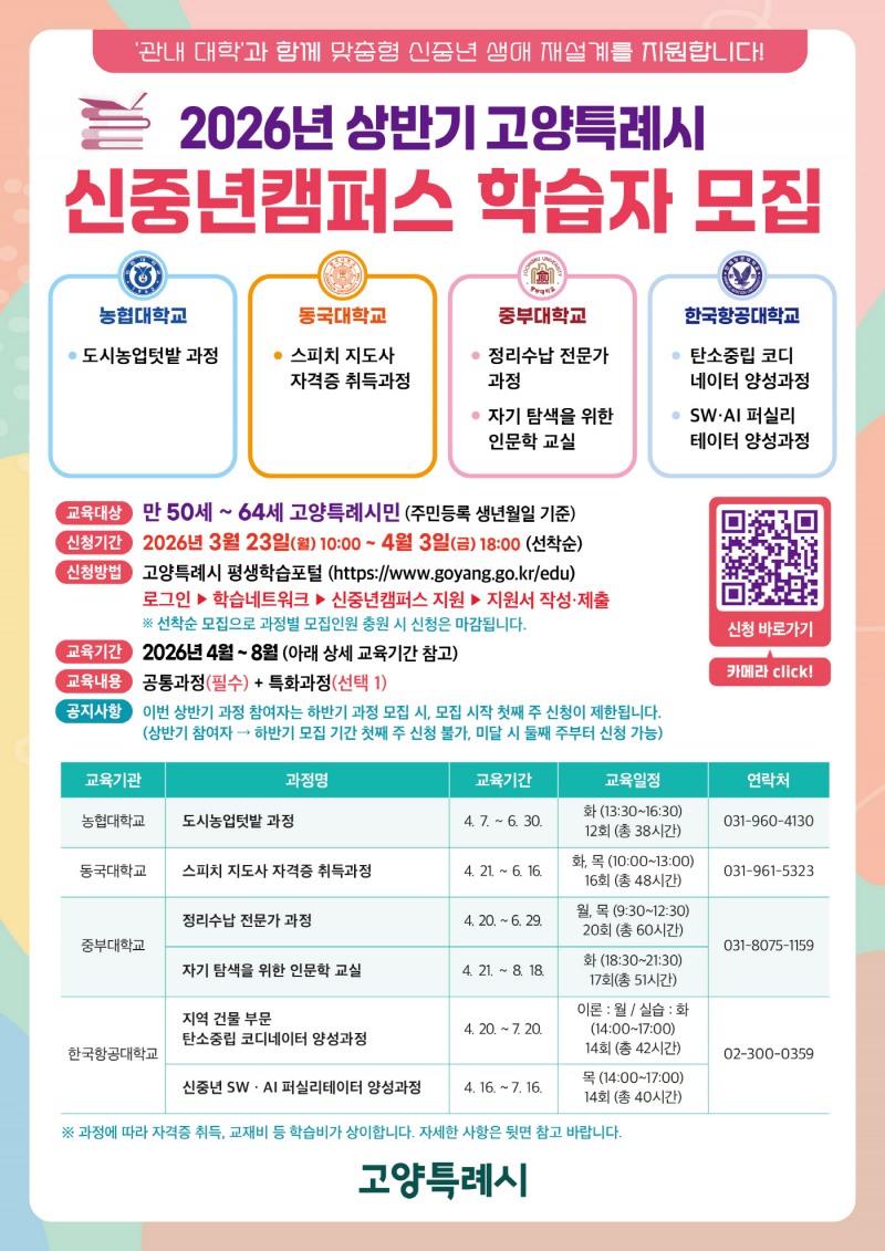 고양시, 신중년캠퍼스 교육생 180명 모집