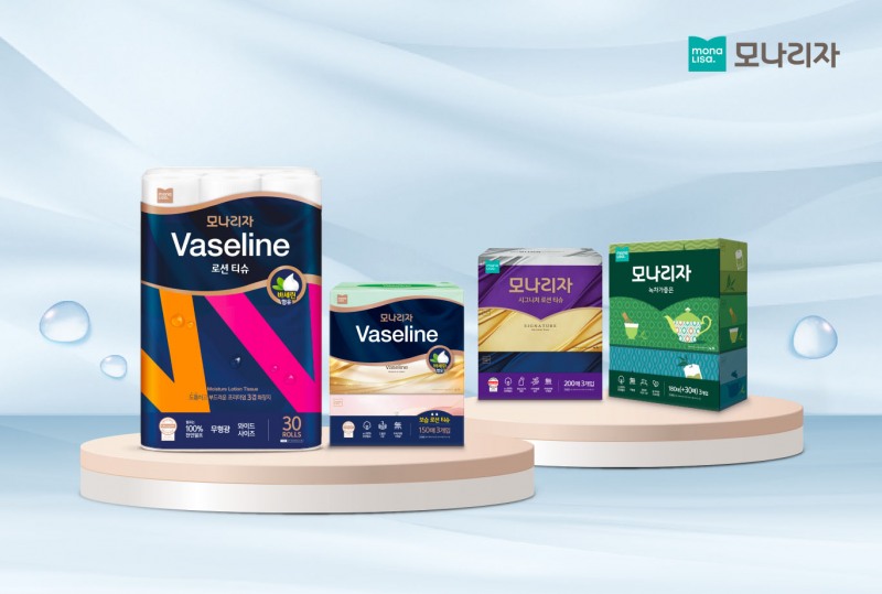 (왼쪽부터) ㈜모나리자 ‘바세린 두루마리 화장지’, ‘바세린 로션 미용티슈’, ‘시그니처 로션 티슈’, ‘녹차가 좋은 미용티슈’