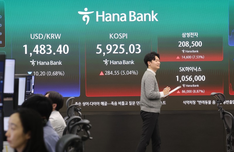 코스피가 5% 넘게 급등해 5900선을 재돌파한 지난 18일 서울 중구 하나은행 딜링룸에서 직원들이 업무를 보고 있다./연합뉴스