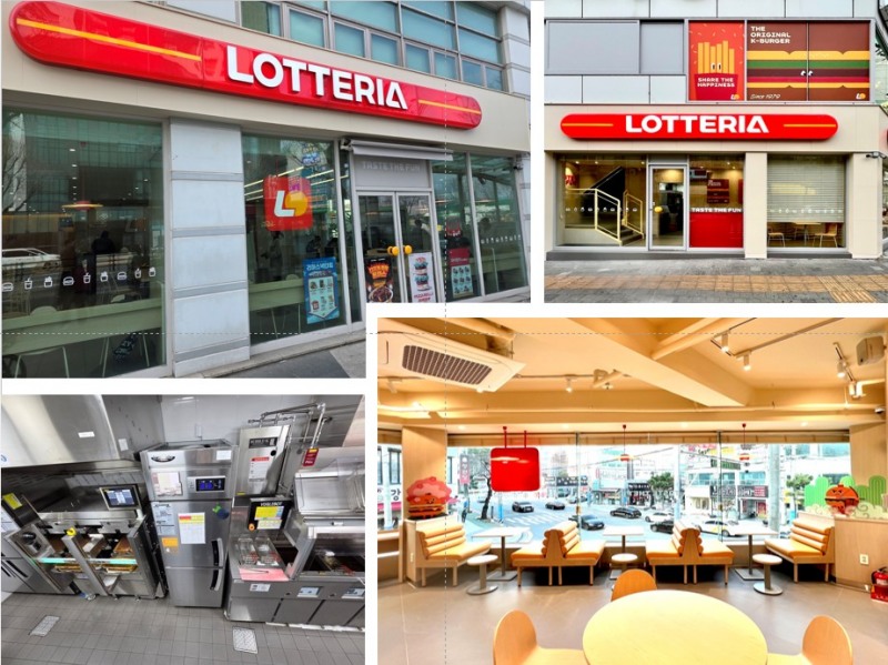 지난해 리뉴얼한 롯데리아 노량진점(왼쪽)에 배치하 푸드테크 자동화 조리 로봇 알파그릴과 보글봇을 배치하였으며, 진해용원점(오른쪽)은 지역 특색에 맞춘 매장 인테리어를 적용한 사진
