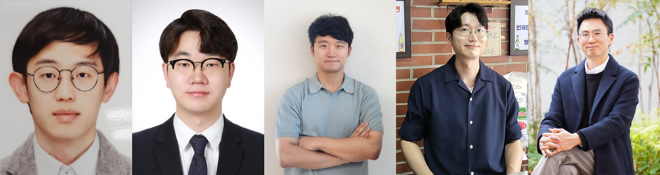 (왼쪽부터) 중앙대학교 류준, 이서준 박사과정(공동제1저자), 강동원 교수, DGIST 이운학 박사(공동제1저자), 고서진 교수. (사진제공=중앙대)