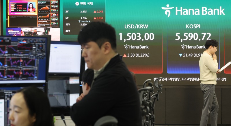 26일 오전 서울 중구 하나은행 딜링룸 현황판에 코스피 지수 등이 표시되고 있다. 이날 오전 9시 3분 현재 코스피는 전장보다 56.75포인트(1.01%) 하락한 5585.46에 거래되고 있다./연합뉴스