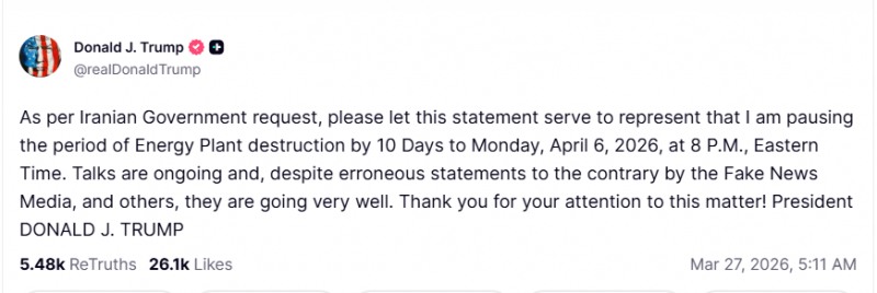 (상보) 트럼프 "이란 요청으로 에너지시설 타격 유예 10일 연장"