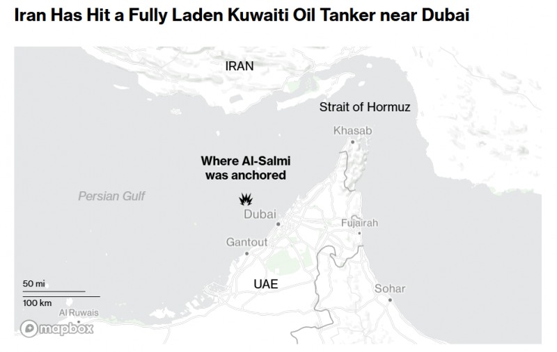 쿠웨이트 유조선이 31일 이란 미사일 공격을 받은 지역. 지도=블룸버그통신