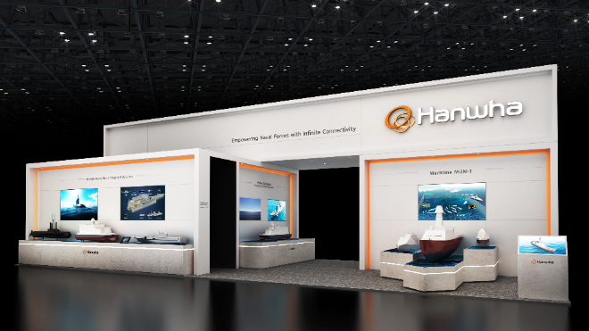 한화오션과 한화시스템이 4월 1일 경남 창원시 진해구 해군사관학교와 군항 11부두에서 개막하는 ‘2026년 이순신방위산업전(YIDEX)’에 마련한 통합부스 조감도. 사진= 한화오션