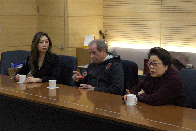 간담회 진행 사진 (좌측부터) 크리스티나 박 링크캠퍼스 대학 음악공연예술학장, 아킬레 파트리치 링크캠퍼스 대학 대학경영총장, 김종희 상명대 총장. (사진제공=상명대)