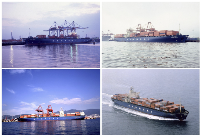현대상선의 2800TEU급 풀컨테이너 운반선. (왼쪽 첫 번째부터 시계방향으로) 현대 익스플로러호, 현대 프런티어호, 현대 파이어니어호, 현대 이노베이터호. 사진= HMM 50년사