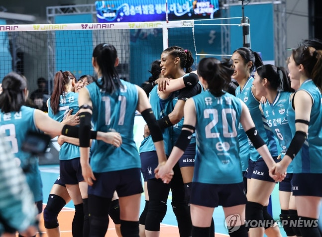 우승을 차지한 GS칼텍스 선수들이 기뻐하고 있다. / 사진=연합뉴스