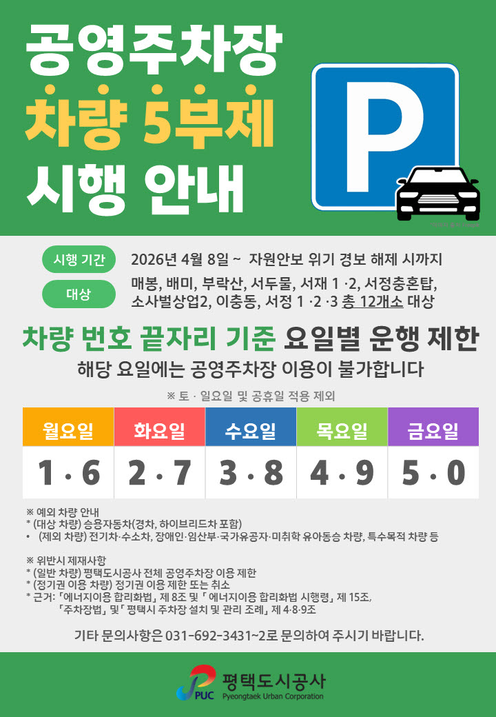 공영주차장 차량5부제 시행 안내문