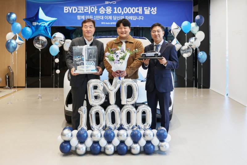(좌) 삼천리EV 손원현 대표와 (우) BYD코리아 조인철 대표가 1만번째 고객인 김진서씨를 축하하고 있다