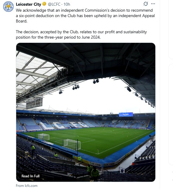 승점 삭감 징계에 대한 항소가 기각된 소식을 전한 레스터 시티. / 사진=연합뉴스