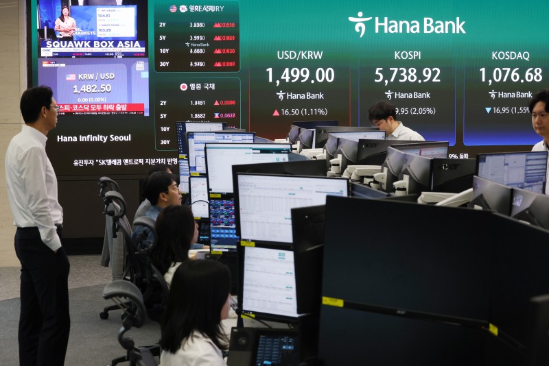 13일 오전 중구 하나은행 본점 딜링룸 전광판에 실시간 원·달러 환율과 코스피, 코스닥 지수가 표시돼 있다./연합뉴스