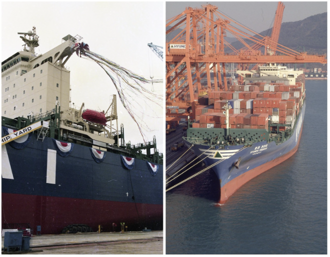 1996년 7월 5일 열린 현대상선의 세계 최대 최고속 5500TEU급 컨테이너 운반선 1번함 ‘현대 인디팬던스’호 명명식(왼쪽)과 4번함 ‘현대 프리덤’ 호가 한구에 접안해 있다. 사진= HMM 50년사