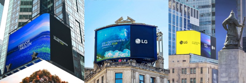 (왼쪽부터)뉴욕 타임스 스퀘어, 런던 피카딜리 서커스, 서울 광화문광장에서 2026년 LG 구겐하임 어워드 수상자 트레버 페글렌의 수상을 축하하는 영상이 상영되고 있다