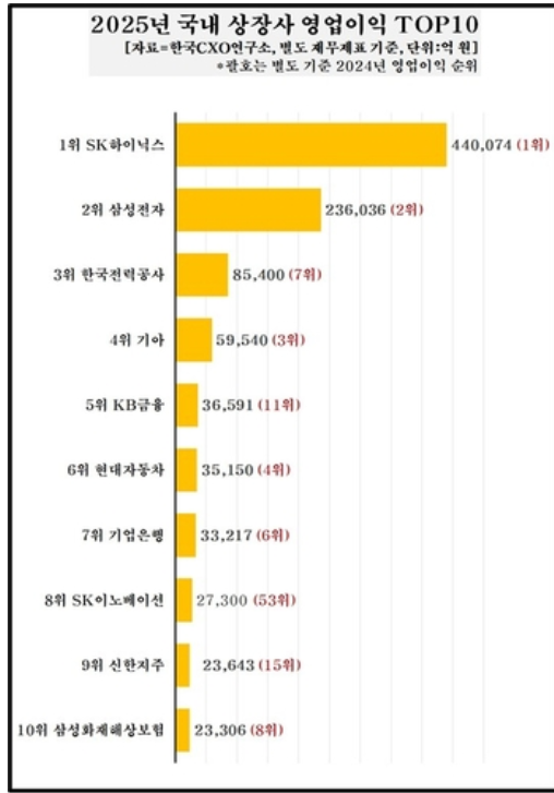 2025년 국내 상장사 영업이익 순위. 자료=한국CXO연구소, 연합뉴스