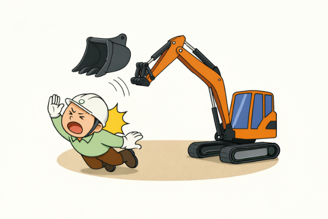 굴착기 버킷 이탈 사고의 위험을 알리는 그림. 한국산업안전보건공단(KOSHA)의 2025년 2분기 통계에 따르면, 굴착기 관련 사고 중 ‘물체에 맞음’으로 인한 사망 사고는 전년 동기대비 86% 급증, 이에 대한 실질적인 대책이 시급한 실정이다. 사진= 틸트프로