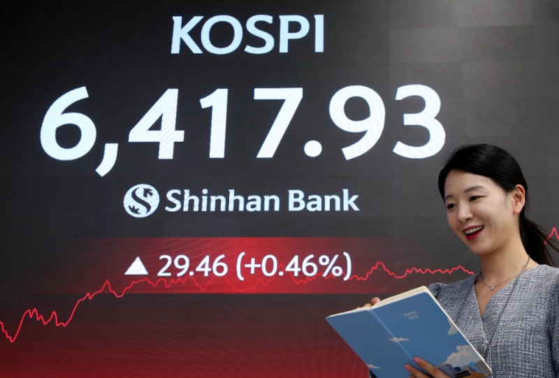 코스피지수가 22일 사상 처음으로 6400선에 마감했다. 사진은 신한은행 본점 현황판./신한은행 제공