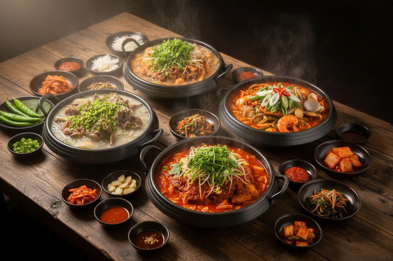 왼쪽부터 시계방향으로 모란백감자탕, 모란홍감자탕, 진짬뽕감자탕, 진마라감자탕/푸디그 제공