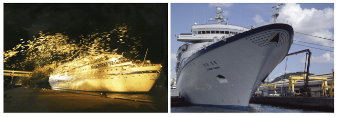 현대상선이 금강산관광을 위해 투입한 크루즈선 ‘현대 금강호’(왼쪽)와 ‘현대 봉래호’ 사진= HMM 50년사