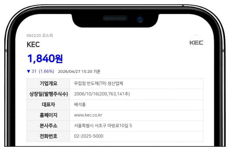 KEC, 계열사 임원 황창섭 지분 변동으로 최대주주 지분율 0.02% 감소
