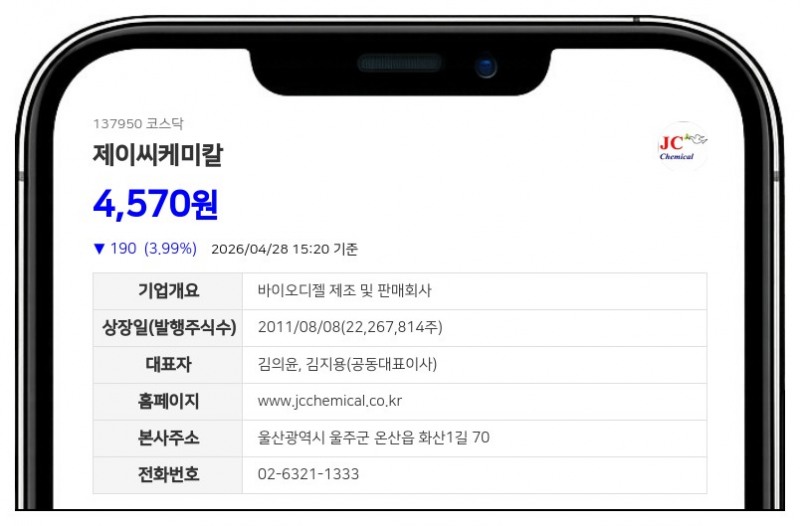 제이씨케미칼, 임직원 성과 보상 위해 자사주 2만 주 처분... 9520만원 규모 지급