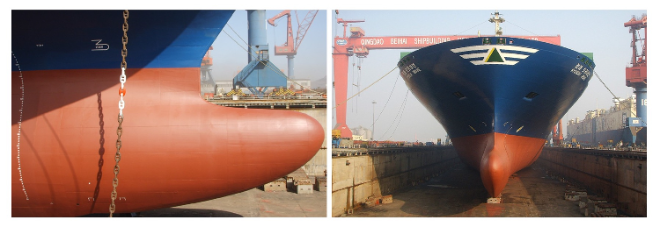 저속 운항 조건에 맞춰 개조한 구상선수(Bulbous bow) 모습(왼쪽)과 구상선수 조작업을 완료한 8600TEU급 컨테이너선 현대 브레이브호. 사진= HMM 50년사