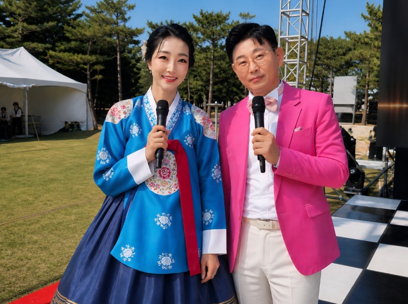 ‘부여국제히스토리영화제’ 행사 제1대 부여백제 온조왕&온조왕비 선발 어워즈 진행을 맡은 아나운서 김병찬과 이선율 교수