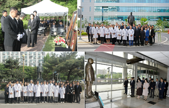 좌측 위부터 시계방향으로 국립대전현충원 참배 및 제막식 현장, 의정부을지대학교병원·을지대학교 성남캠퍼스·노원을지대학교병원 참의인상 참배 현장 사진. (사진제공=을지대)