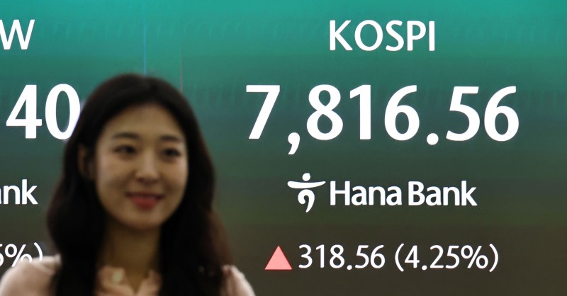 11일 서울 중구 하나은행 딜링룸 현황판에 코스피 등이 표시되고 있다. 이날 코스피는 전 거래일 대비 277.31포인트(3.70%) 오른 7775.31에 개장했다./연합뉴스