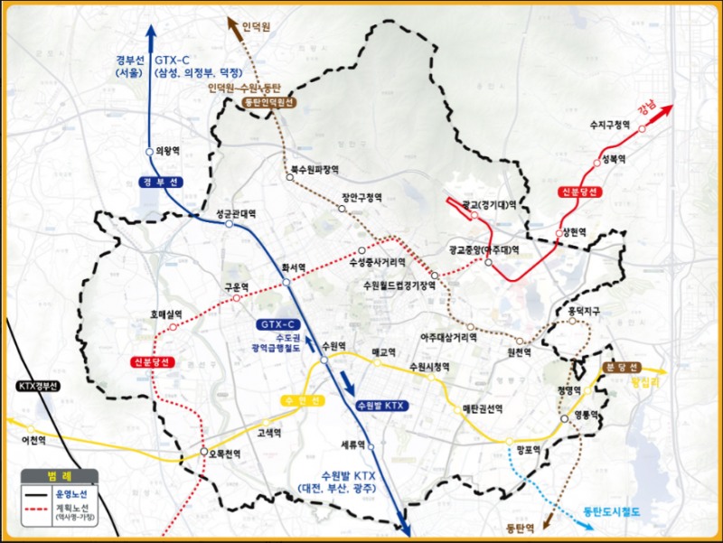수원시 철도네트워크 이미지. 실선은 구축된 노선, 점선은 구축 중인 노선이다./수원시