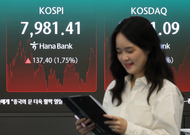 14일 서울 중구 하나은행 본점 딜링룸에 코스피가 표시되고 있다. 이날 코스피는 전날보다 137.40포인트(1.75%) 오른 7981.41로 장을 마쳤다./연합뉴스
