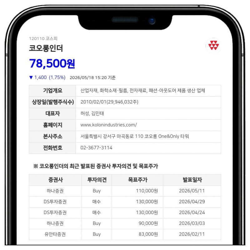 코오롱인더 유환성 임원, 보통주 22주 신규 확보… 지분 변동 공시