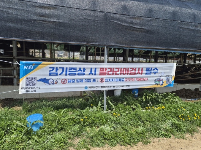 파주시, 말라리아 예방 위해 친환경 끈끈이 현수막 54개소 설치 <사진=파주시보건소 제공>