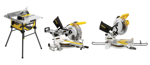 좌측부터 ‘1800W 254mm 테이블쏘(스탠드 분리형) (SST1802)’, ‘2000W 254mm(10인치) 슬라이딩 각도절단기(SM181), ‘1800W 254mm(10인치) 컴파운드 각도절단기(SM161)’