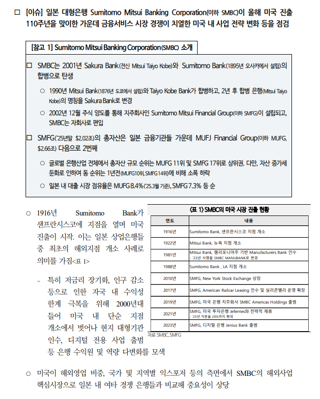 일본 2대 은행 SMBC의 최근 대미 사업 전략 변화가 주는 시사점 - 국금센터