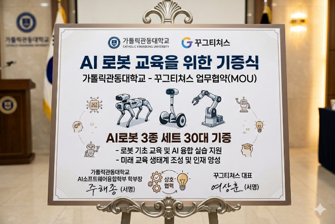 가톨릭관동대-꾸그티쳐스, AI 교육용 로봇 기증식 및 업무협약 체결. (사진제공=가톨릭관동대)