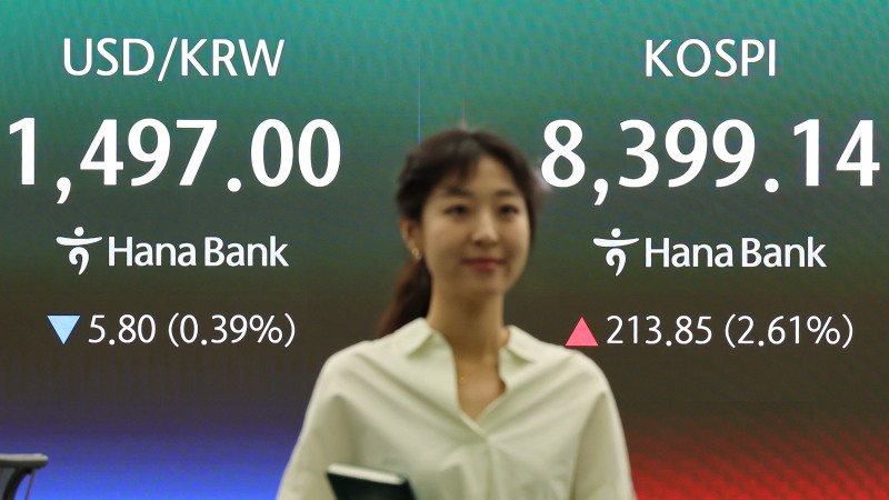 29일 서울 중구 하나은행 본점 딜링룸에서 직원들이 업무를 보고 있다. 이날 코스피는 전장보다 199.02포인트(2.43%) 오른 8384.31로, 원달러 환율은 7.3원 내린 1495.5원으로 시작했다./연합뉴스