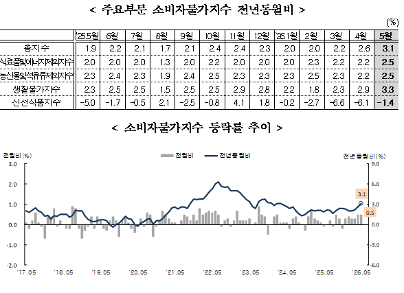 (1보) 5월 소비자물가 전년비 3.1% 올라 3% 상회...중동사태 여파에 26개월만에 최고치