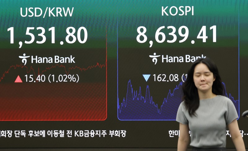 4일 오후 서울 중구 하나은행 딜링룸 현황판에 코스피와 원·달러 환율이 표시되고 있다. 이날 코스피 지수는 전장보다 162.08포인트(1.84%) 내린 8639.41에 장을 마쳤다./연합뉴스